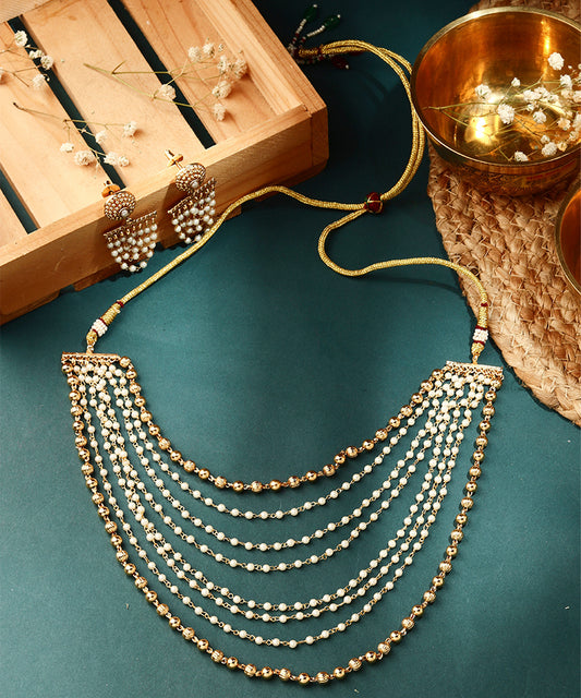 Beige and White Layered Beaded Necklace Set