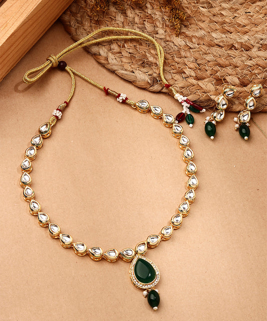 White Gold Kundan Necklace Set with White Stone