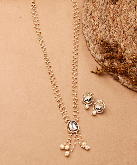 Layered Pearl Beaded Necklace with Kundan Pendant