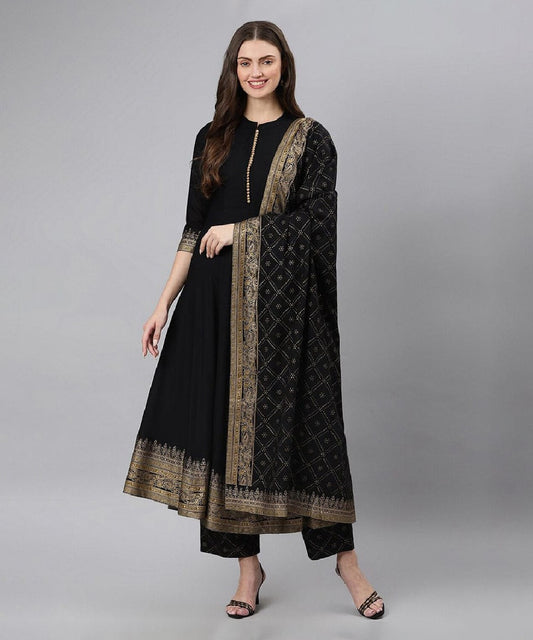 Kurta Set Black Cotton Printed