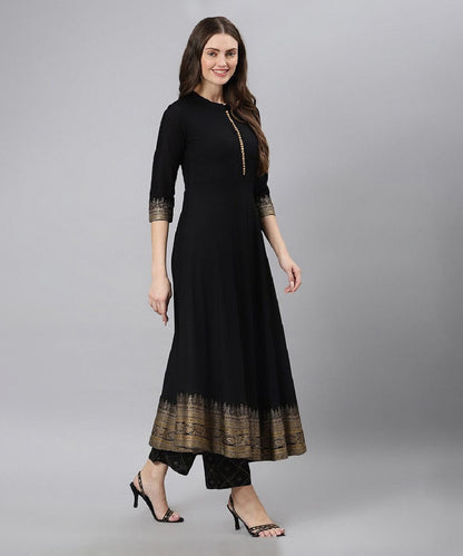 Kurta Set Black Cotton Printed