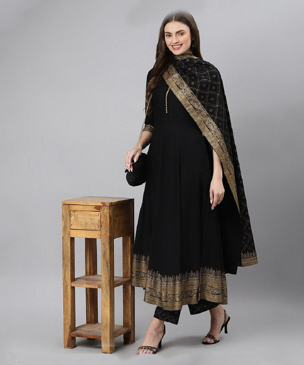 Kurta Set Black Cotton Printed