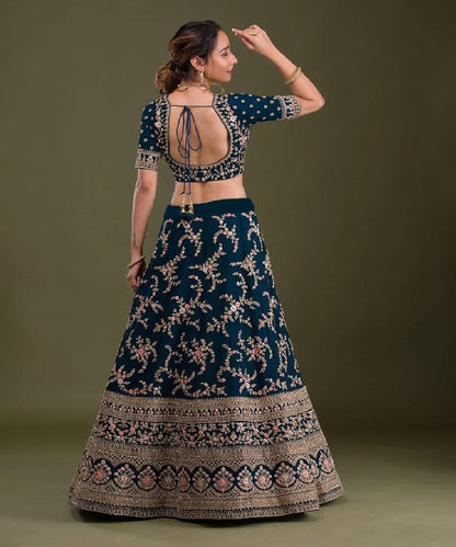 Lehenga Blue Pink Embroidered Unstitched