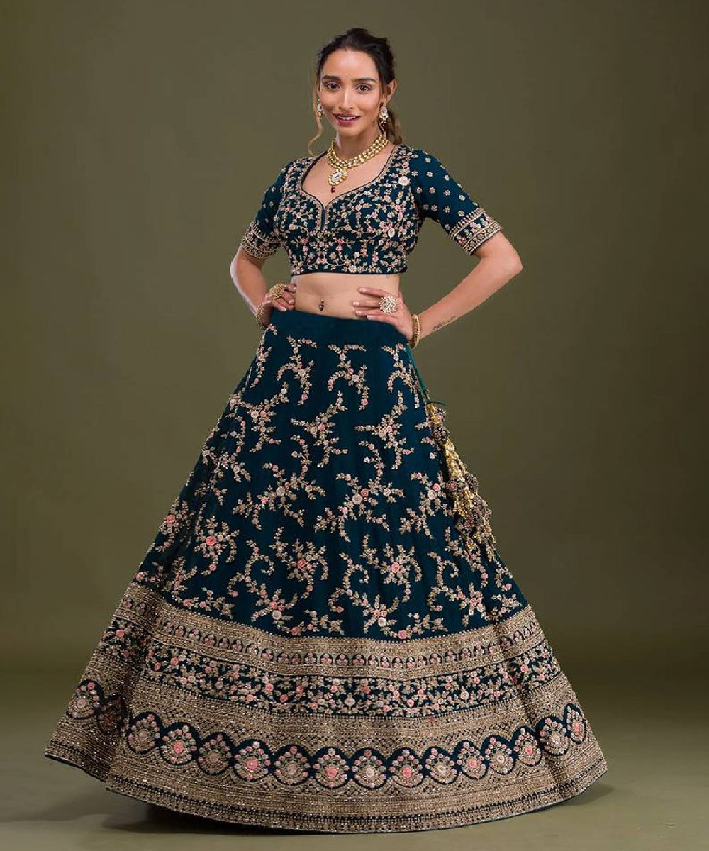 Lehenga Blue Pink Embroidered Unstitched