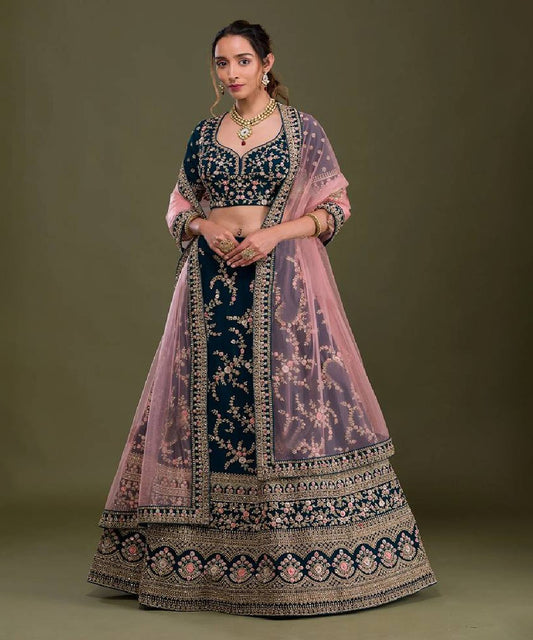 Lehenga Blue Pink Embroidered Unstitched