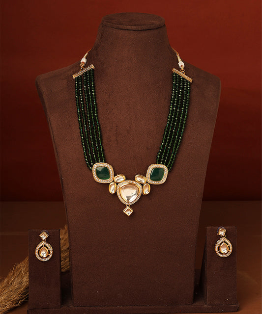 Kundan Pendant with Green Beads Necklace Set