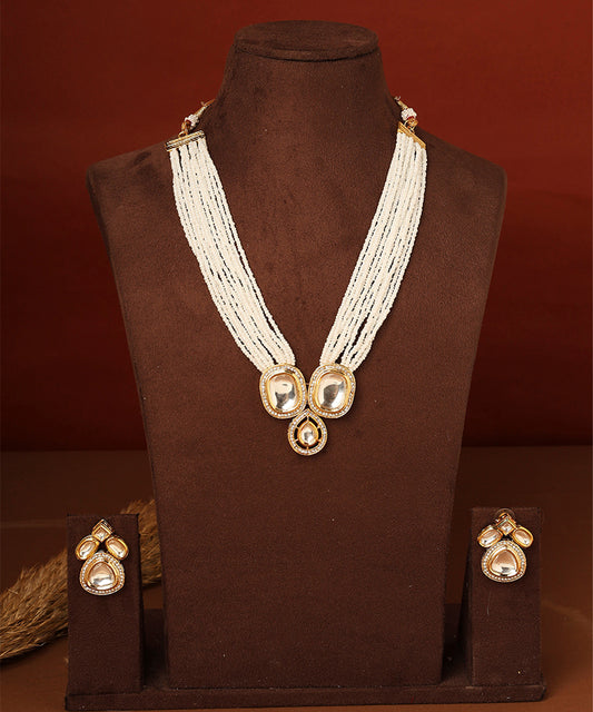 Long White Pearl Necklace with Kundan Pendant
