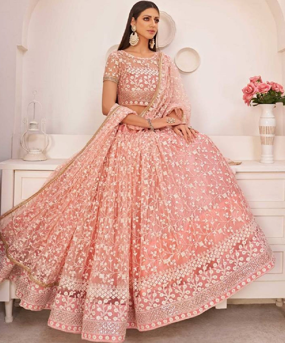 Lehenga Light Pink Net Work Unstitched