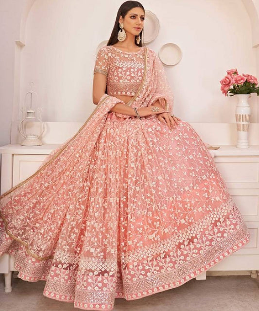 Lehenga Light Pink Net Work Unstitched