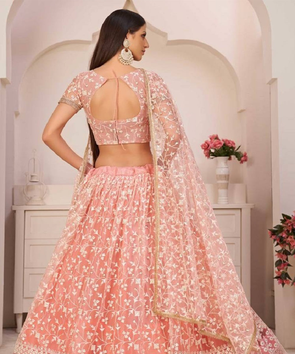 Lehenga Light Pink Net Work Unstitched