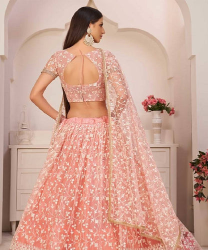 Lehenga Light Pink Net Work Unstitched