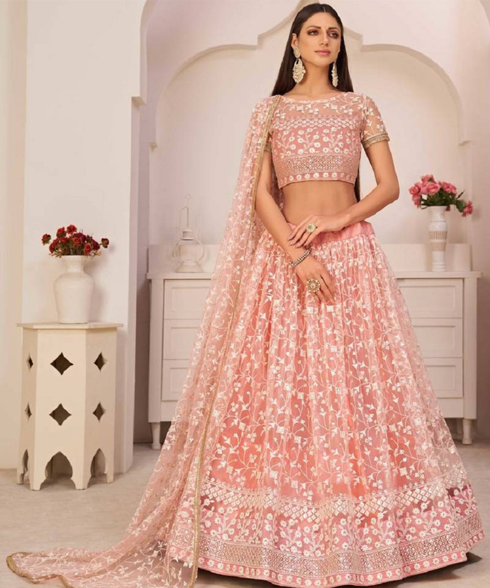 Lehenga Light Pink Net Work Unstitched