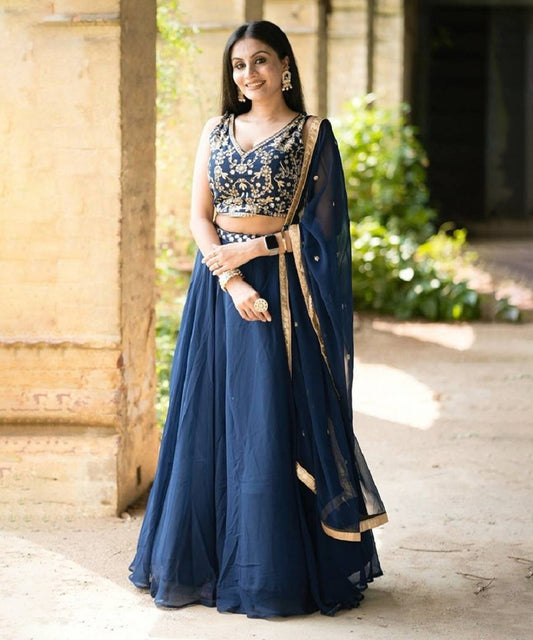 Lehenga Navy Sequin Georgette Unstitched