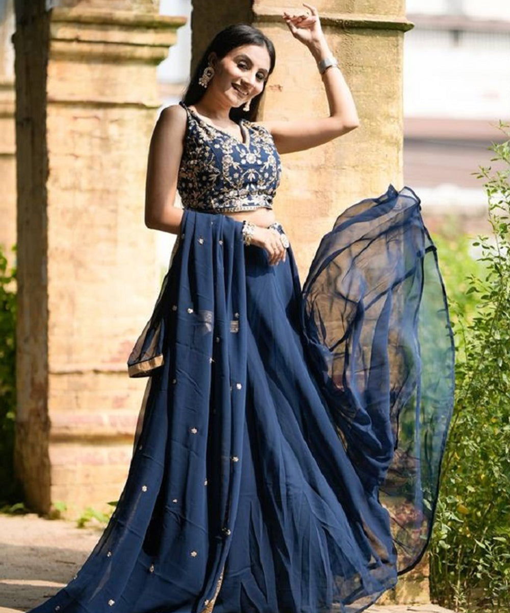 Lehenga Navy Sequin Georgette Unstitched
