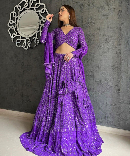 Lehenga Purple Thread Work Unstitched