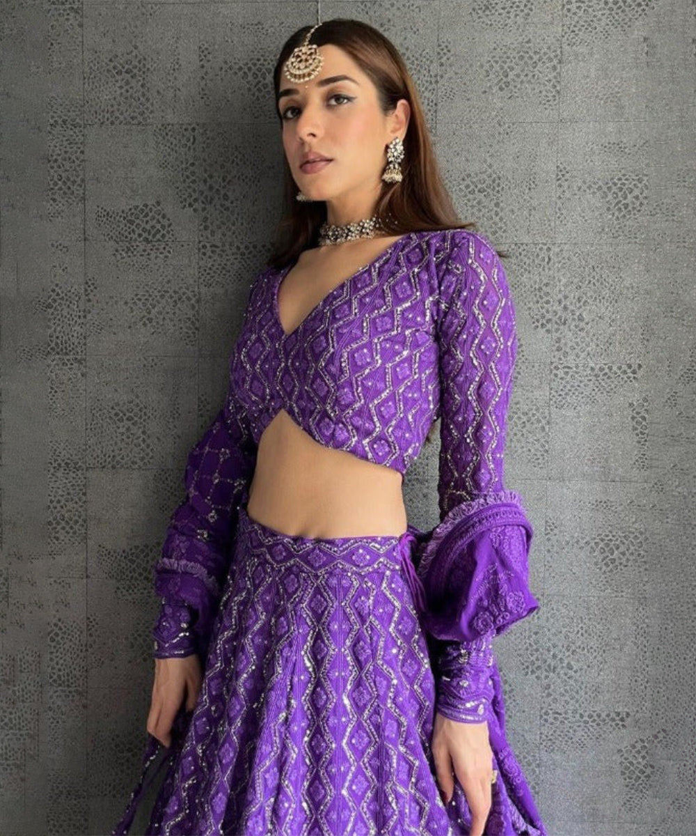 Lehenga Purple Thread Work Unstitched