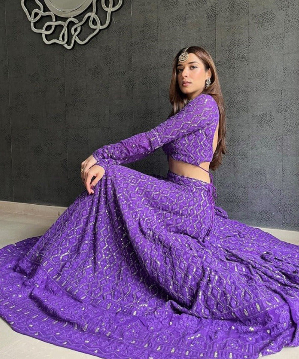 Lehenga Purple Thread Work Unstitched