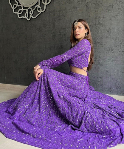 Lehenga Purple Thread Work Unstitched