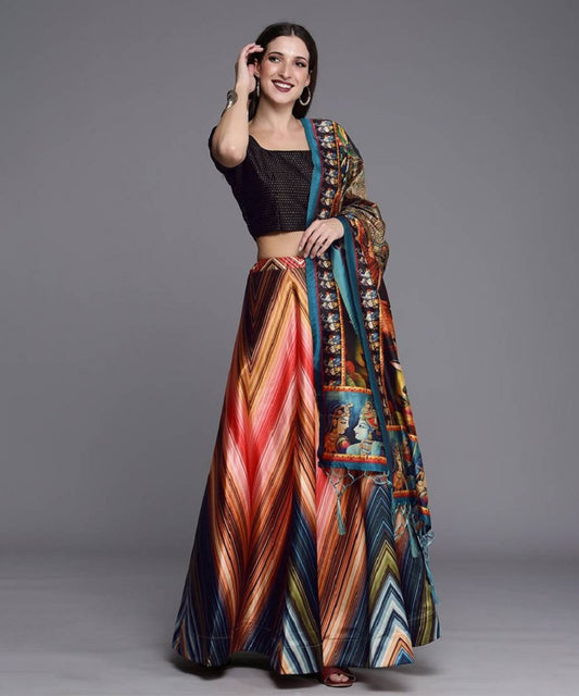Lehenga Black Satin Printed Unstitched