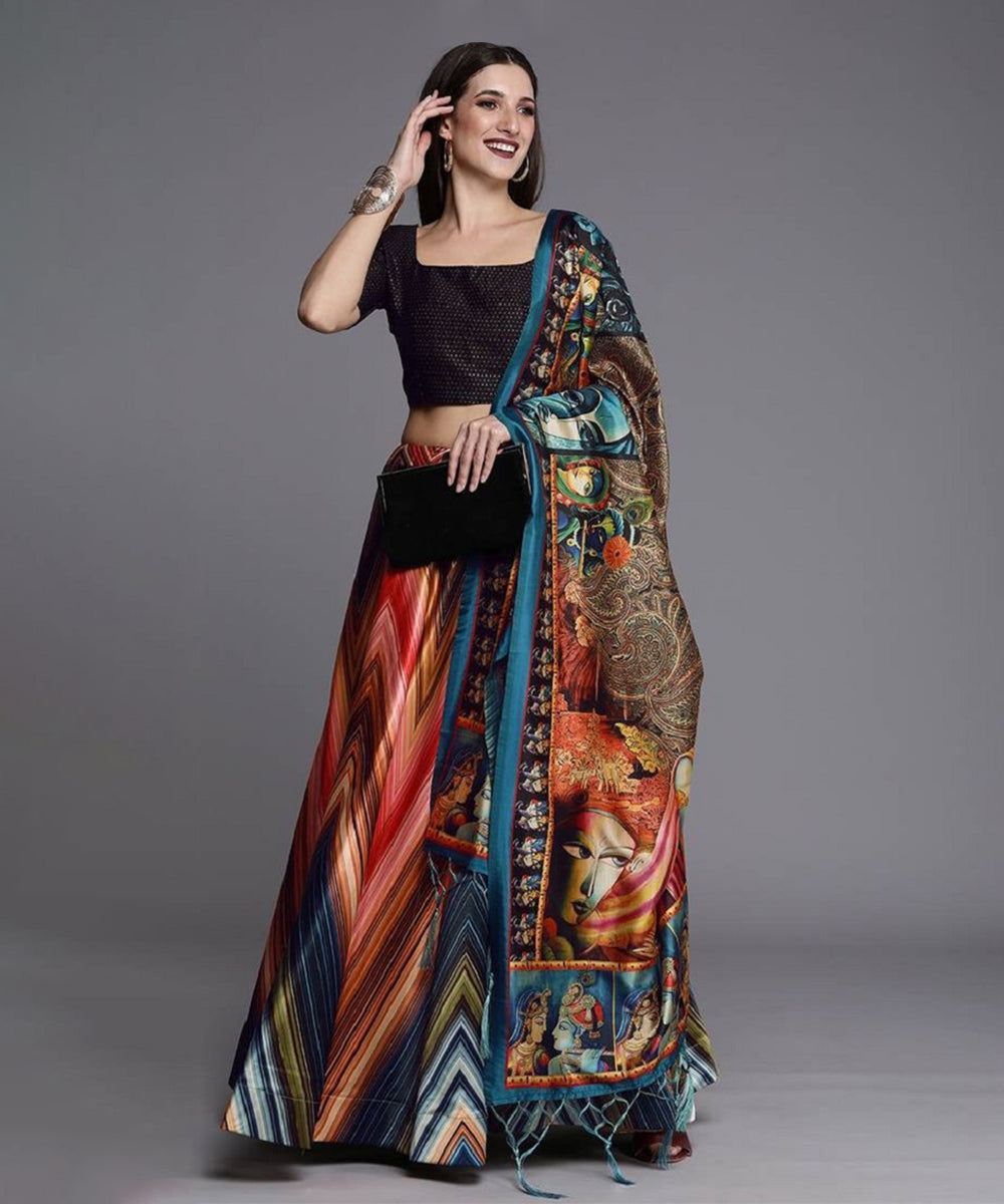 Lehenga Black Satin Printed Unstitched