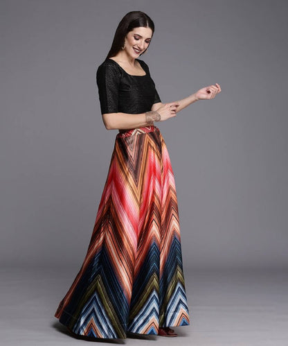 Lehenga Black Satin Printed Unstitched