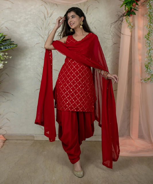 Patiala Suit Red Embroidered