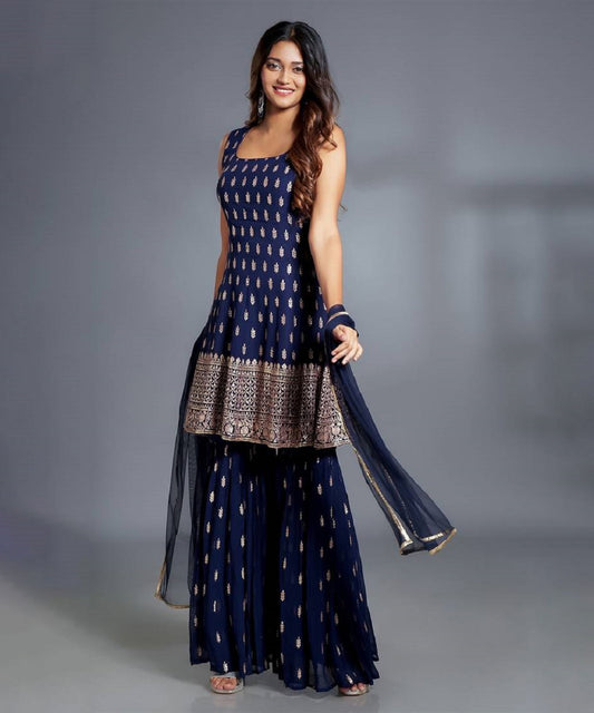 Sharara Set Blue Embroidered