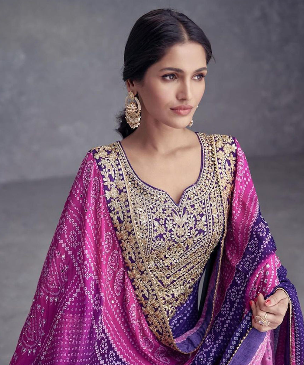 Violet Chiffon Embroidered Kurta Set