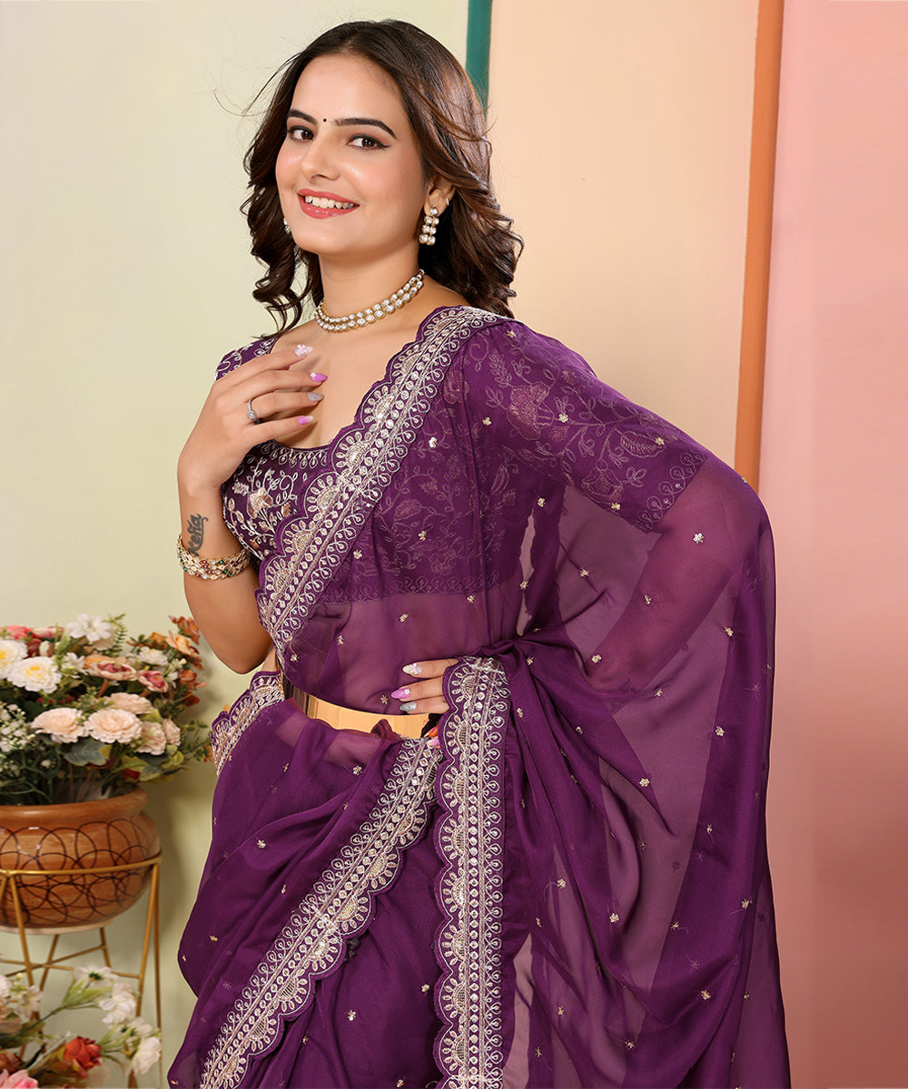 Purple Georgette Saree with Intricate Embroidery and Rich Finish