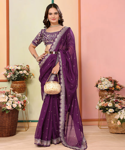 Purple Georgette Saree with Intricate Embroidery and Rich Finish