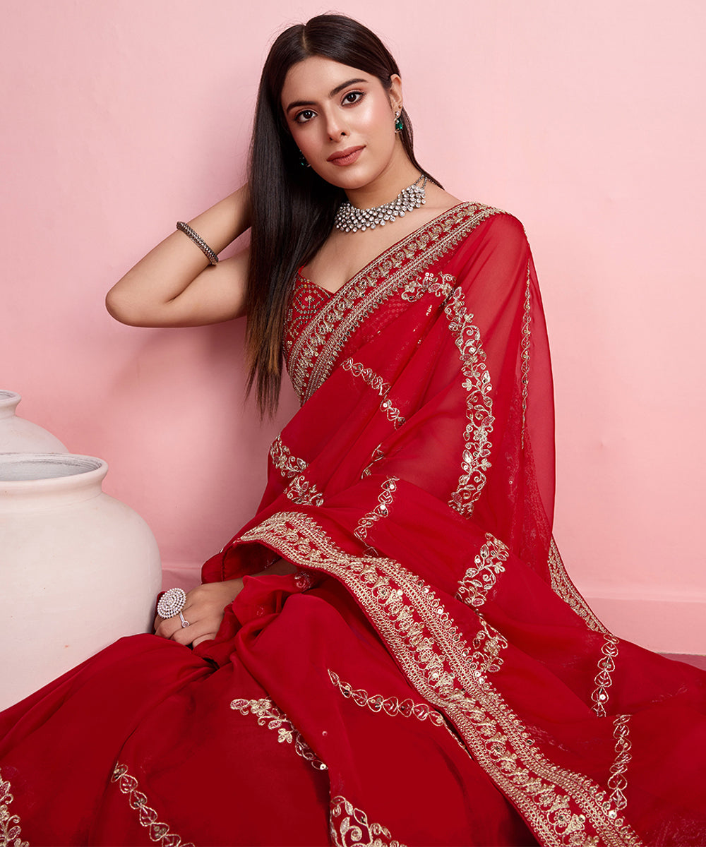 Red Organza Saree with Golden Lace Border and Elegant Embroidery