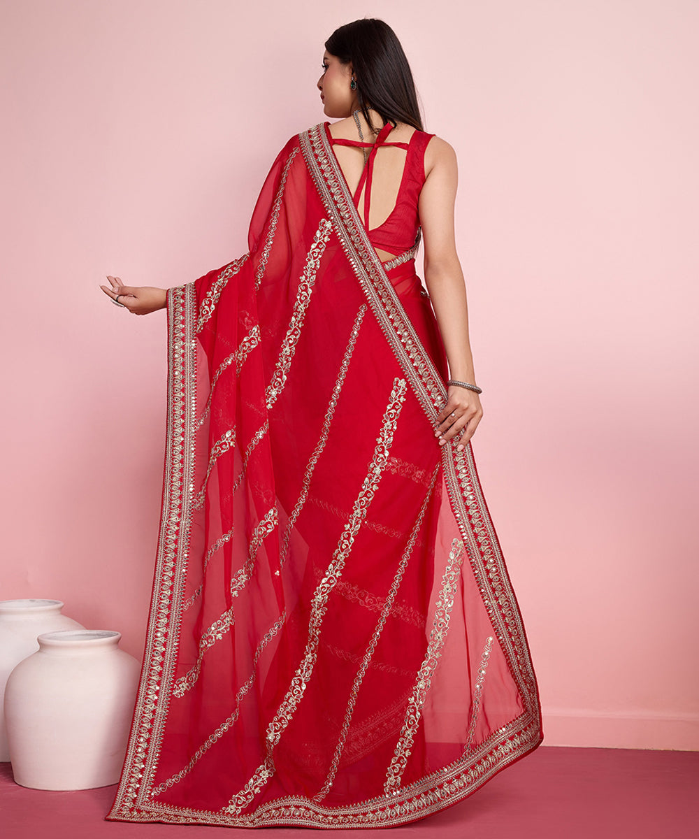 Red Organza Saree with Golden Lace Border and Elegant Embroidery