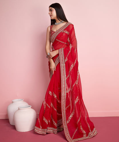 Red Organza Saree with Golden Lace Border and Elegant Embroidery