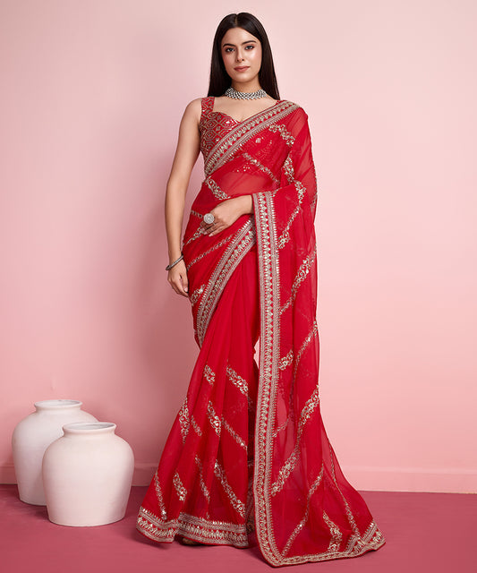 Red Organza Saree with Golden Lace Border and Elegant Embroidery