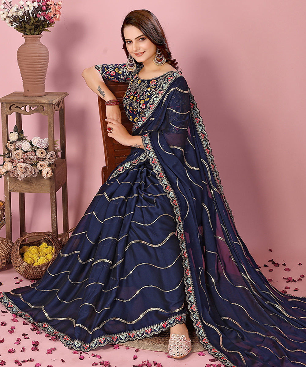 Blue Georgette Saree with Fine Embroidery and Classic Blouse