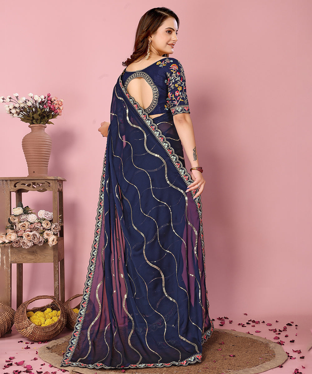 Blue Georgette Saree with Fine Embroidery and Classic Blouse