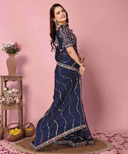 Blue Georgette Saree with Fine Embroidery and Classic Blouse