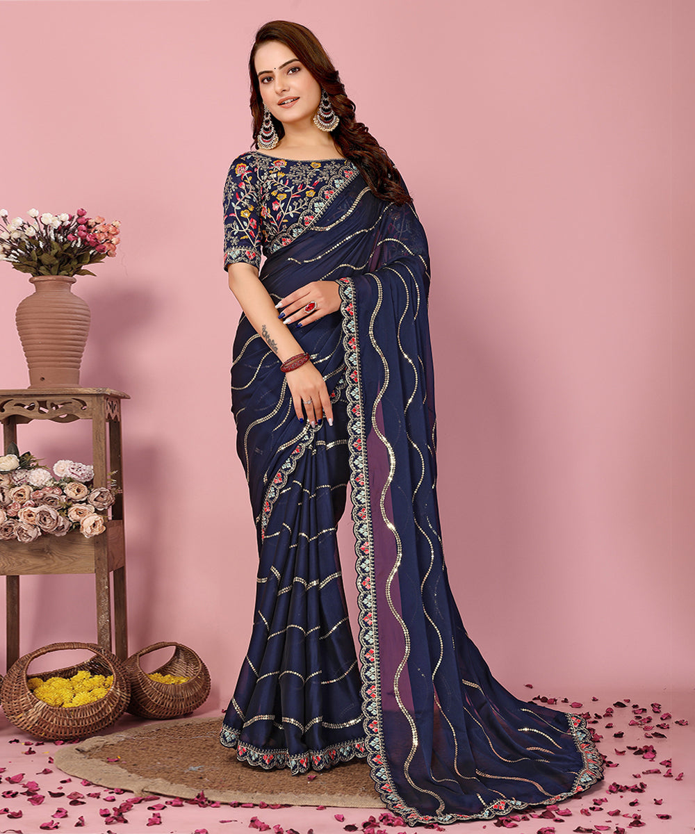 Blue Georgette Saree with Fine Embroidery and Classic Blouse