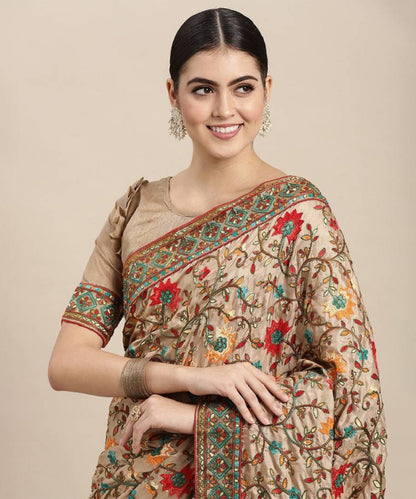 Art Silk Saree with Traditional Kashmiri Work and Rich Embroidery