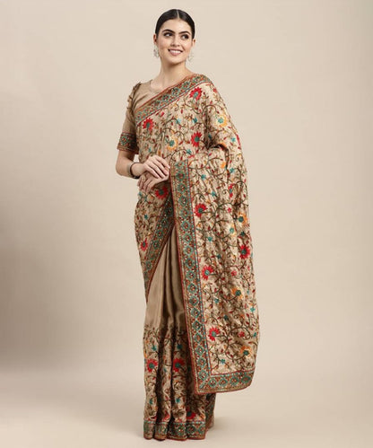 Art Silk Saree with Traditional Kashmiri Work and Rich Embroidery