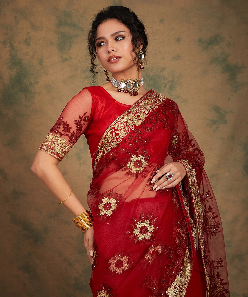 Maroon Heavy Embroidered Saree with a Classic Traditional Drape