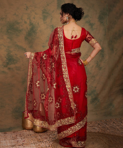 Maroon Heavy Embroidered Saree with a Classic Traditional Drape