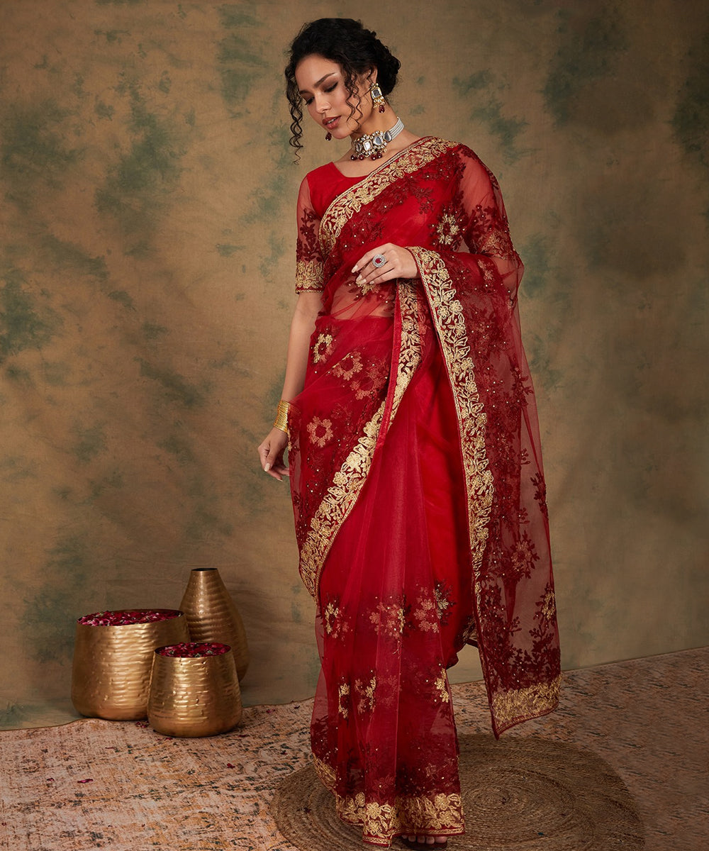 Maroon Heavy Embroidered Saree with a Classic Traditional Drape