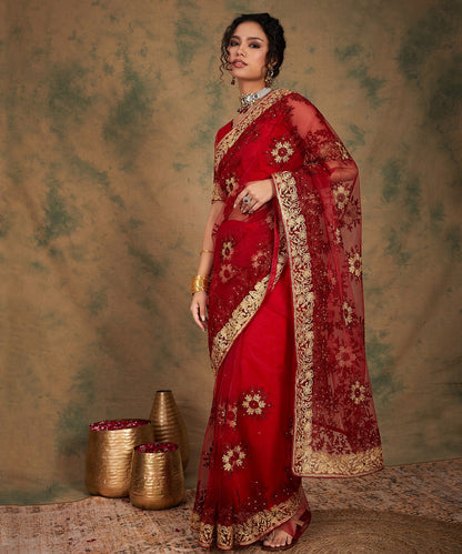 Maroon Heavy Embroidered Saree with a Classic Traditional Drape