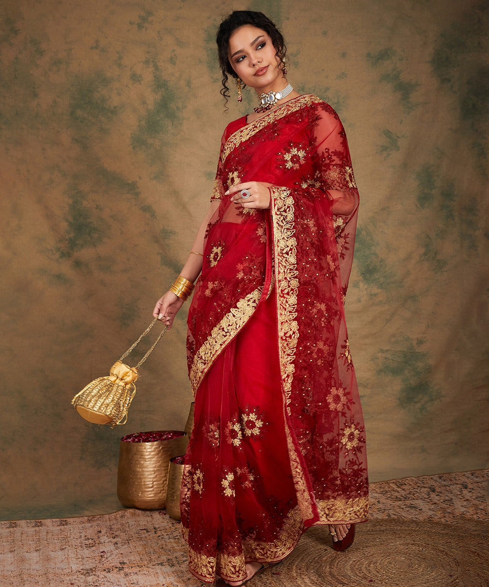 Maroon Heavy Embroidered Saree with a Classic Traditional Drape