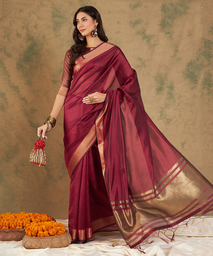 Maroon Cotton Organza Weave Saree