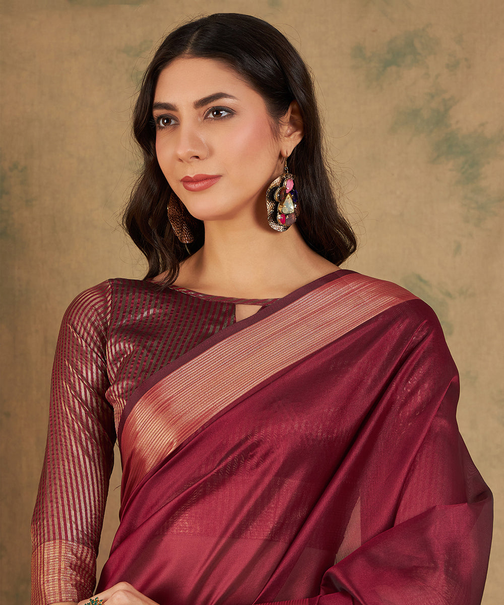 Maroon Cotton Organza Weave Saree