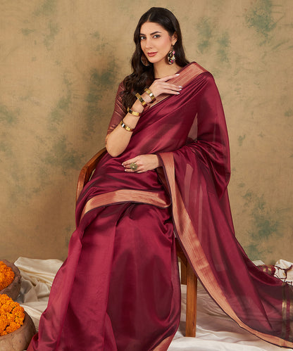 Maroon Cotton Organza Weave Saree