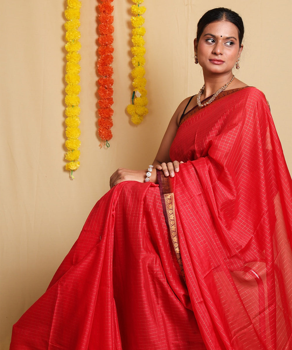 Stunning Red Saree with Ornate Zari Border and Festive Blouse