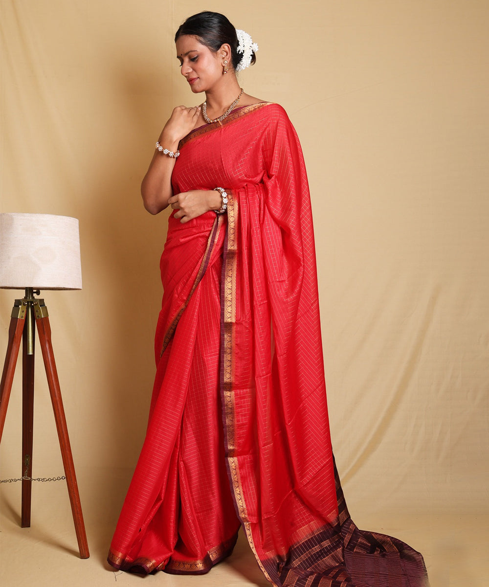 Stunning Red Saree with Ornate Zari Border and Festive Blouse